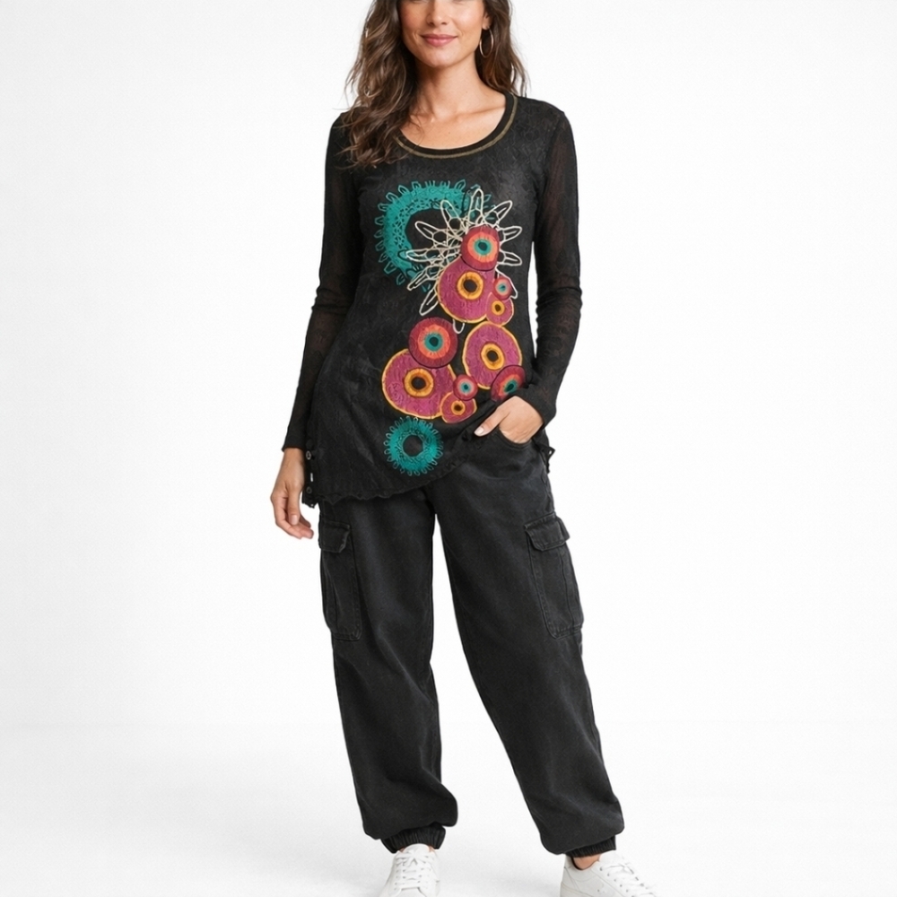 Desigual Black Lace Embroidered Top Long Sleeve Boho Artistic Size M